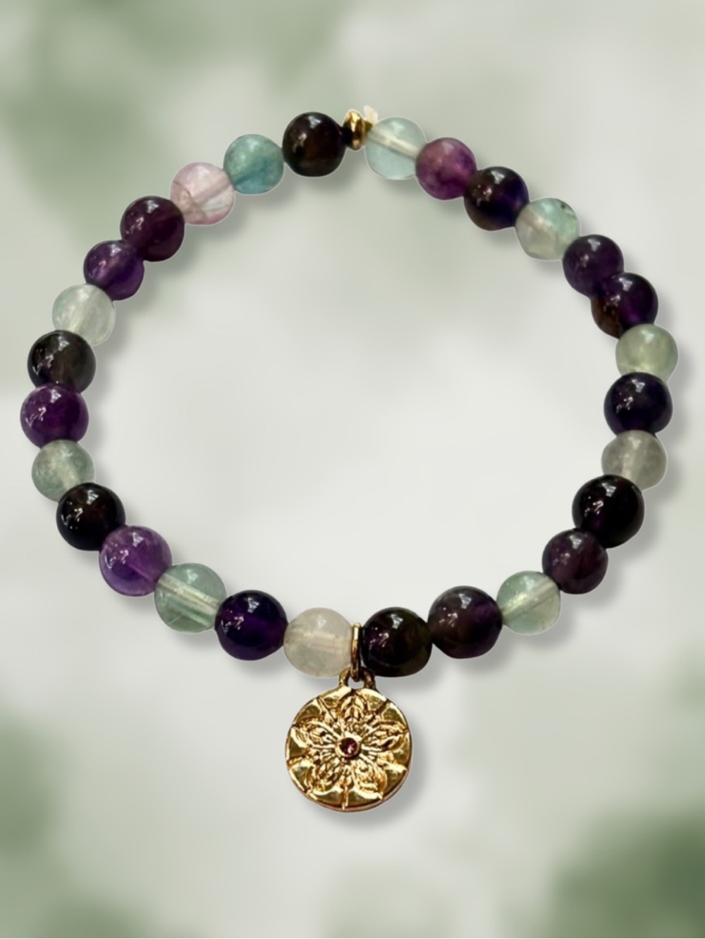 HANDCRAFTED BRACELET Rainbow Flourite Green Purple Beads with Small Gold Charm